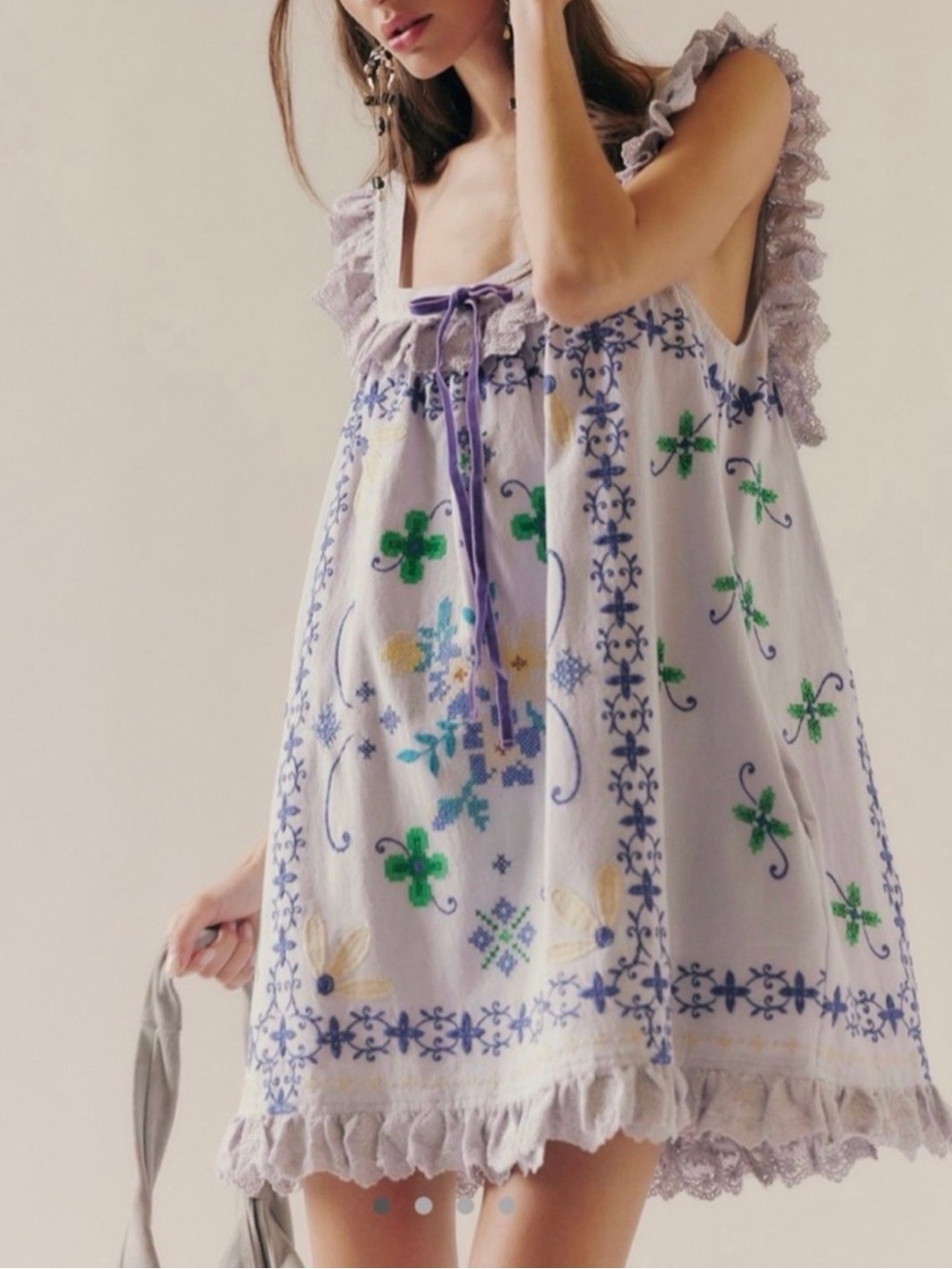 Free People Bali Main Squeeze Light Lavender Mini Dress Floral Embroidered